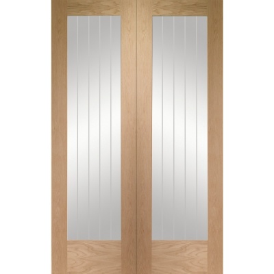 Internal Oak Suffolk Rebated Door Pair with Clear Etched Glass